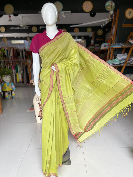 Green hand spun hand woven cotton saree with stripes border
