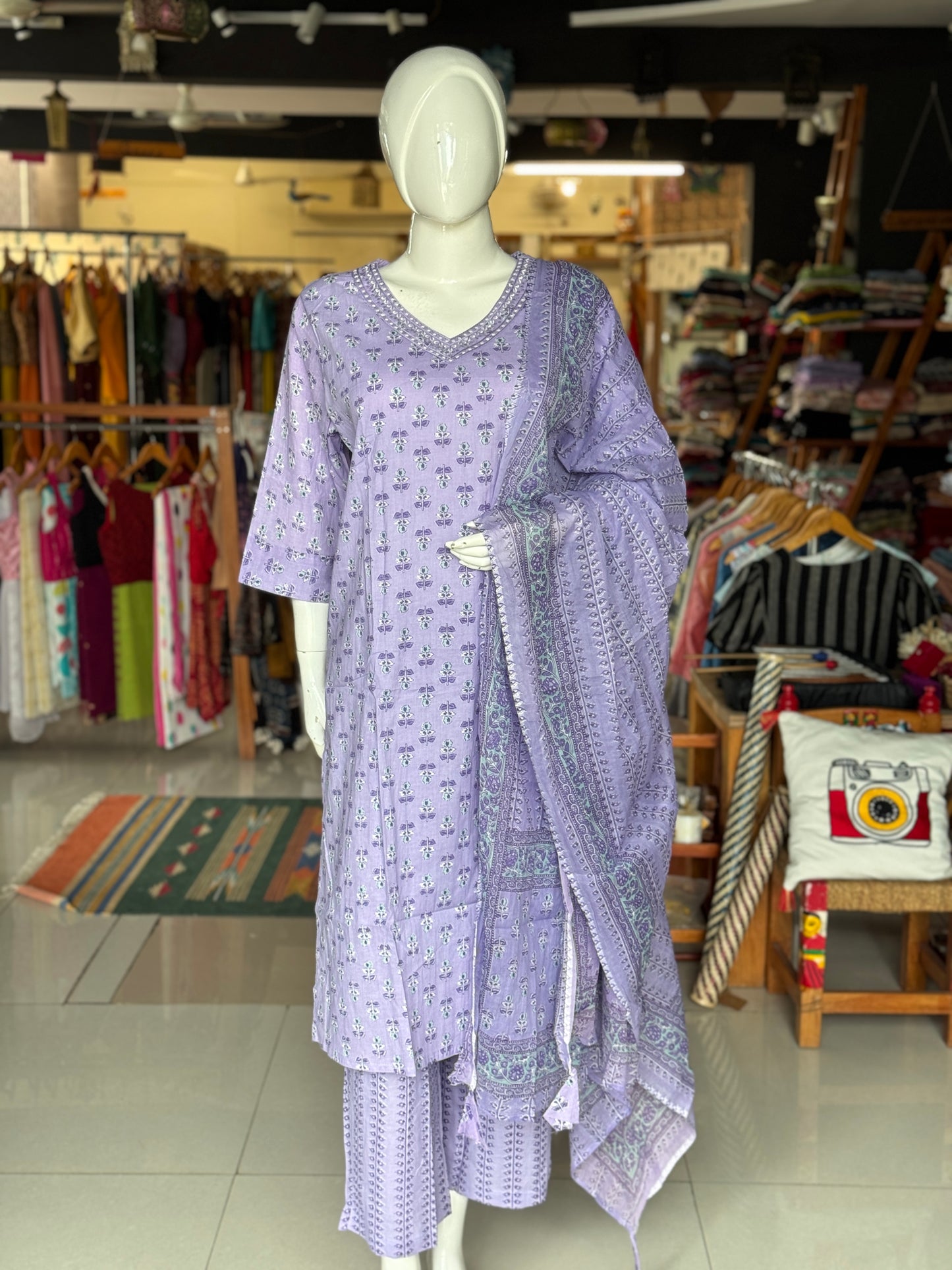 Plus size (4xl and above) cotton embroidered straight kurti, pants and dupatta - 3 piece suit set - multiple colors available