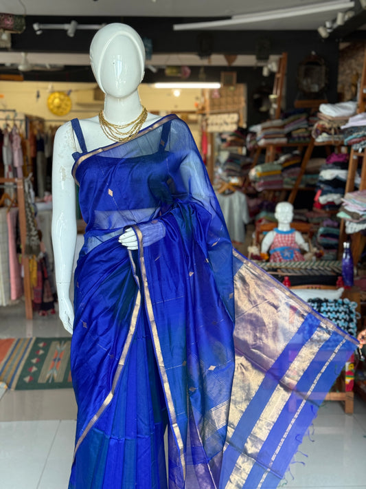 Blue all over stripes and butis silk cotton Maheshwari handloom saree