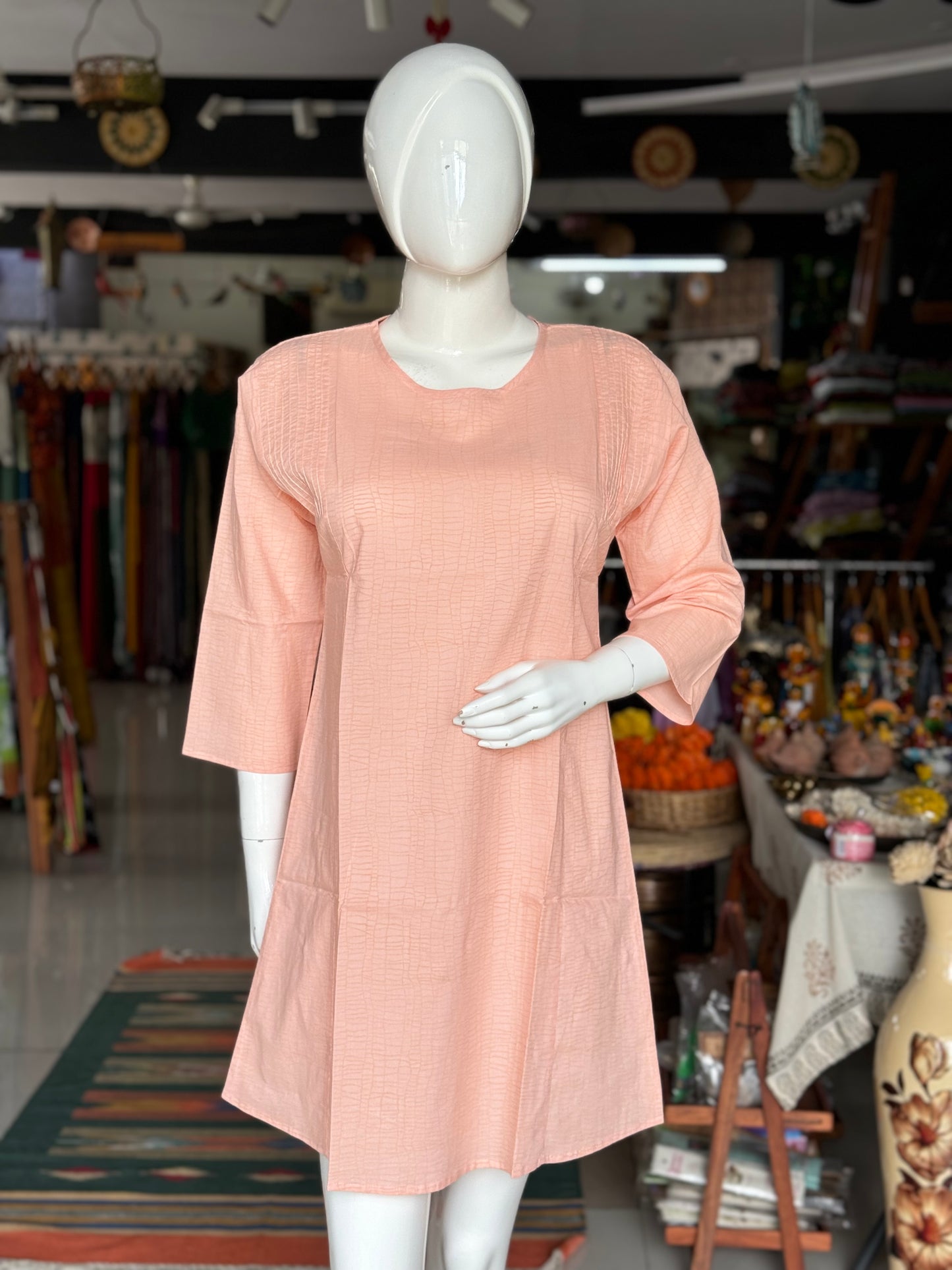 Peach cotton short dress / kurti - self design hand block printed