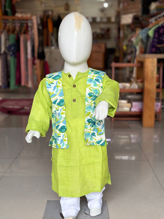 Green cotton kurta, white pyjama pants and hand block printed jacket - 3 piece cotton ethnic set for boys
