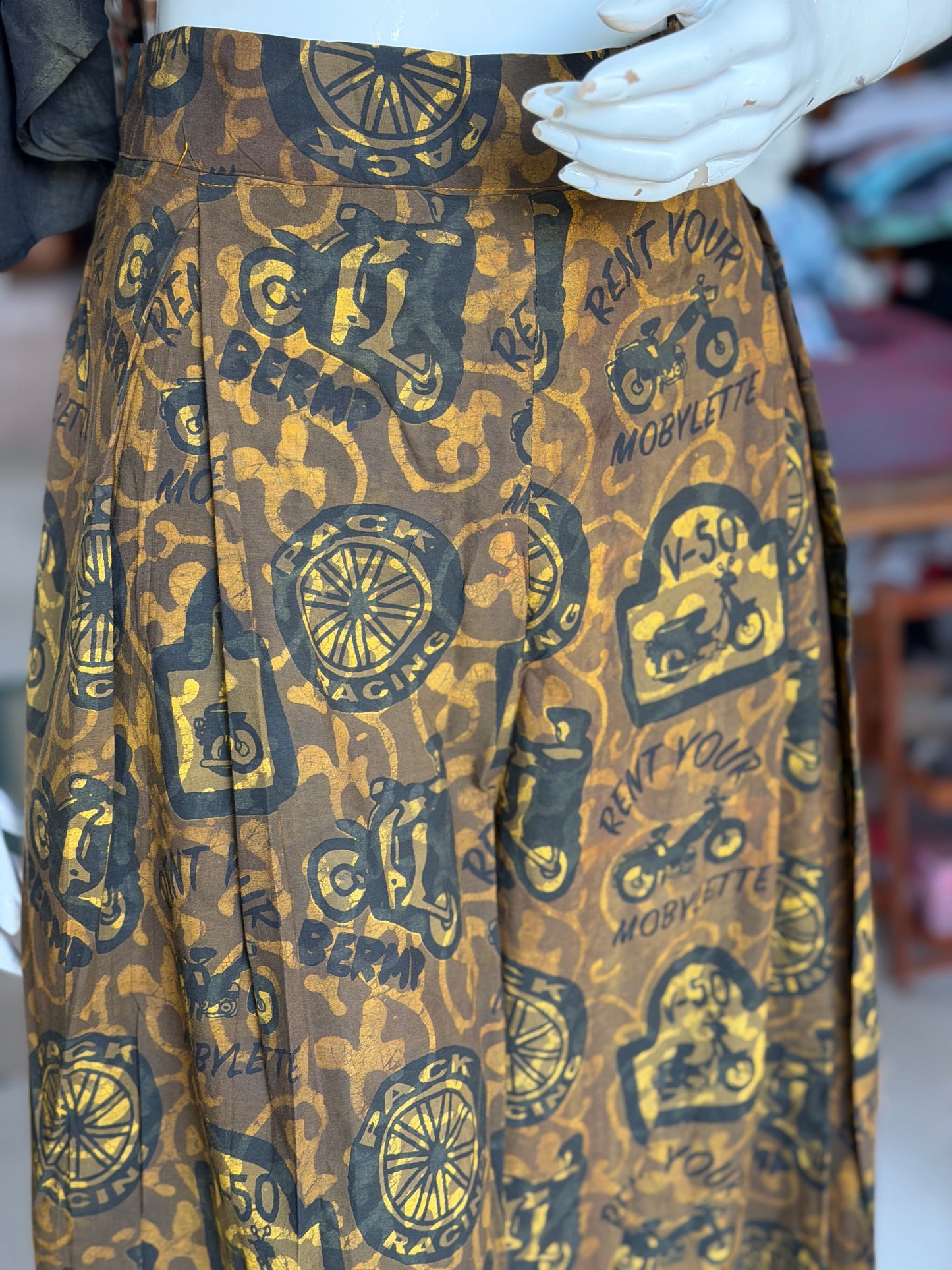 Moss green racing scooters hand block printed cotton barrel pants - double dabu print