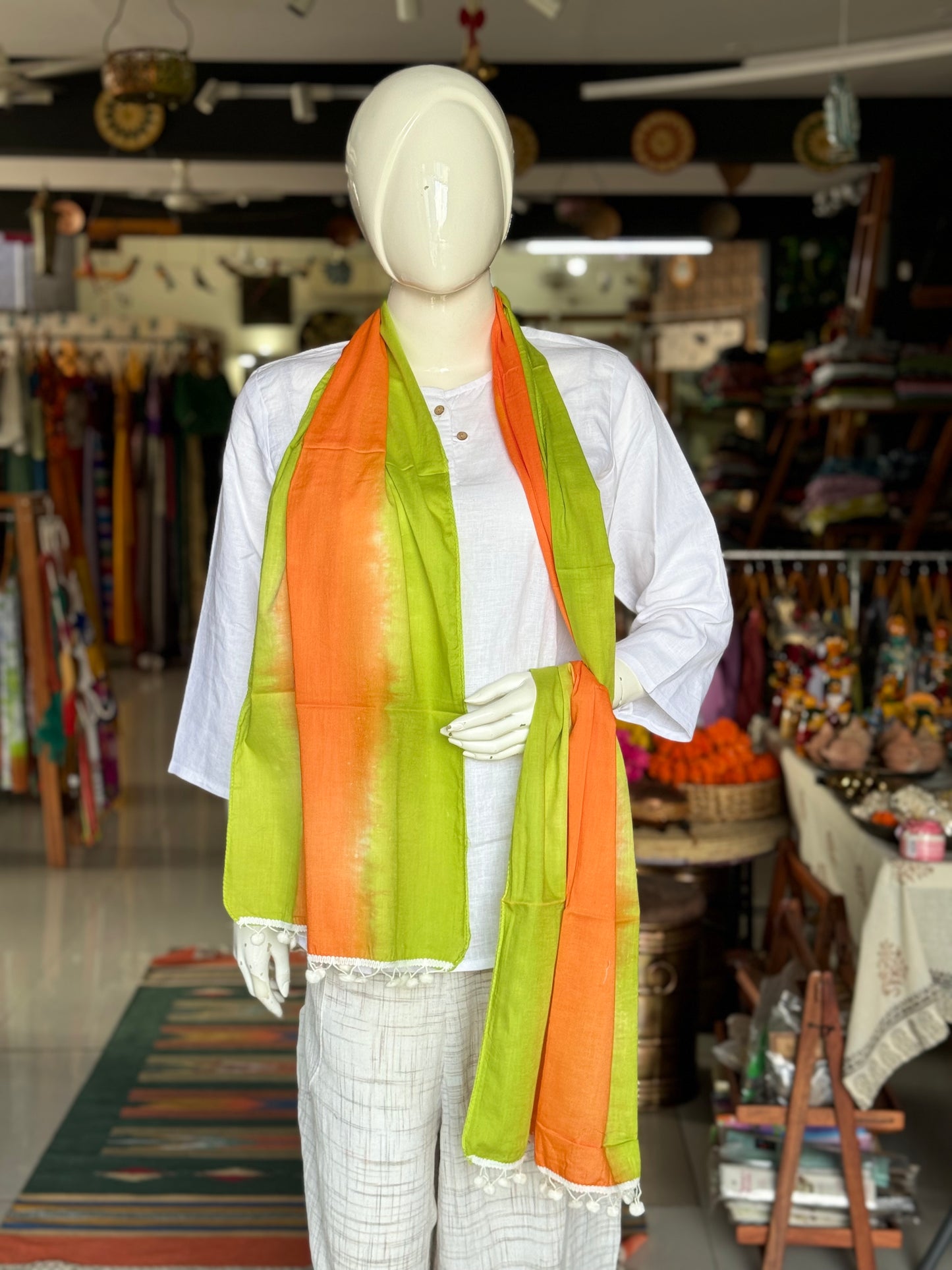 Saffron orange and green tie dye hand crafted cotton stole