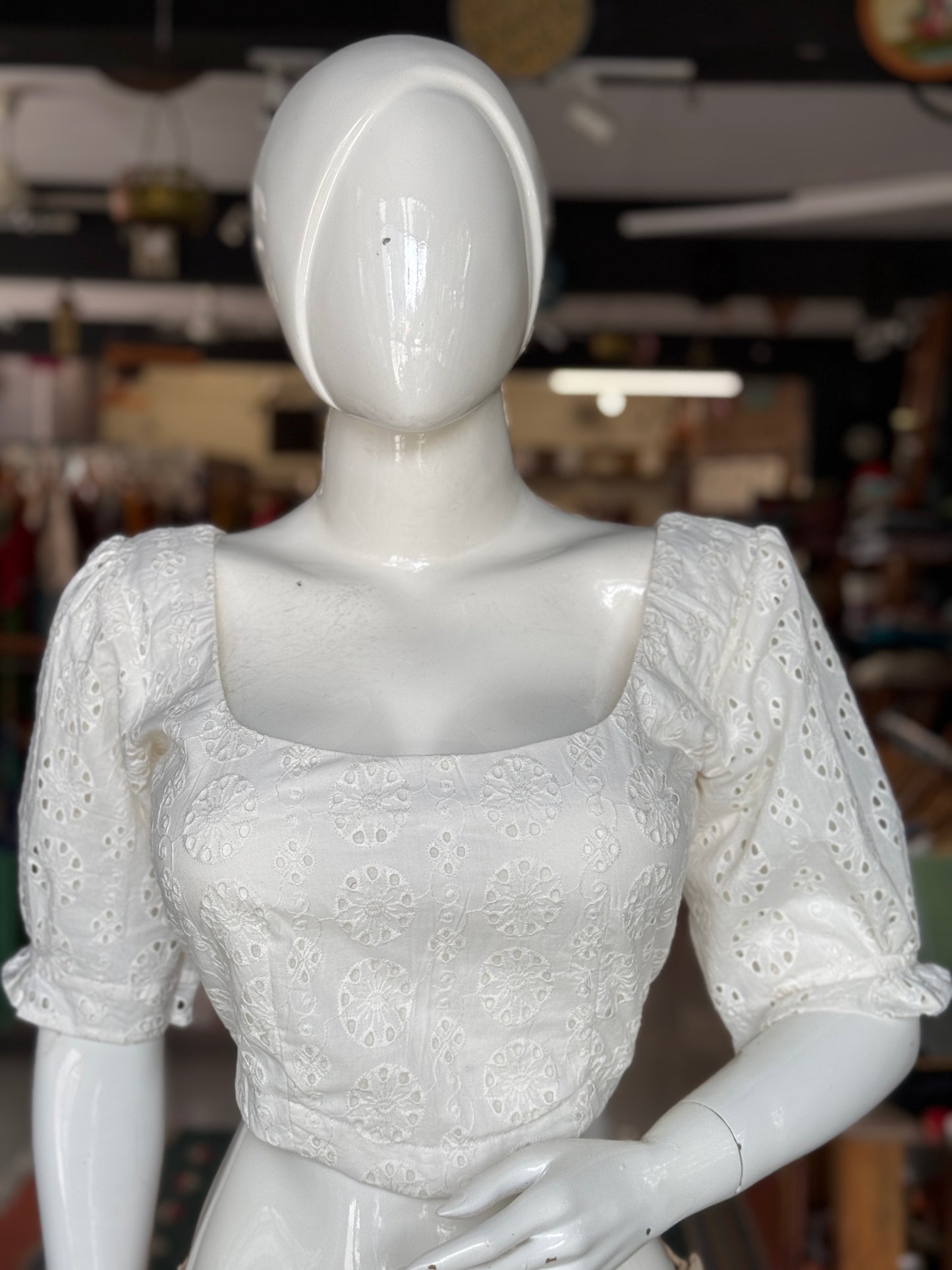 White hakoba cotton blouse with wide neck and puff sleeves