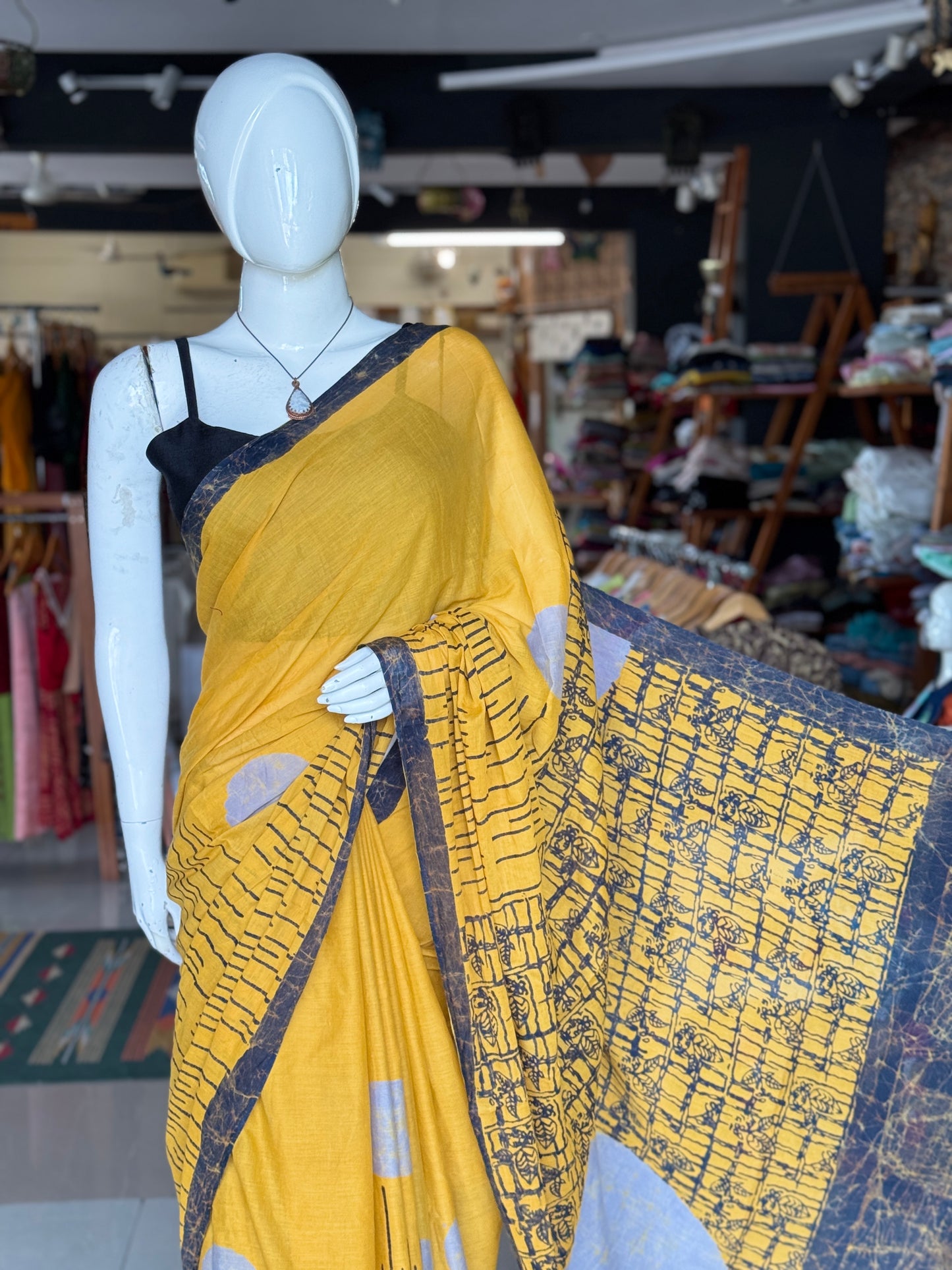 Batik soft cotton saree in yellow, grey