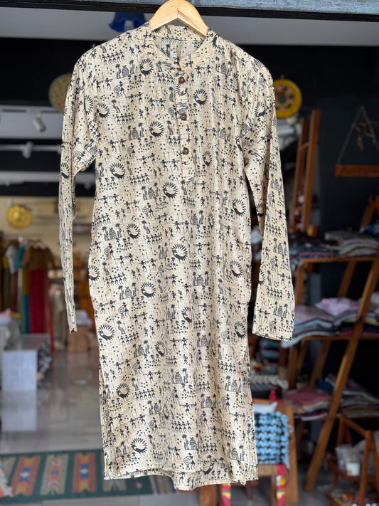 Beige and black Warli print art silk long kurta for teen boys