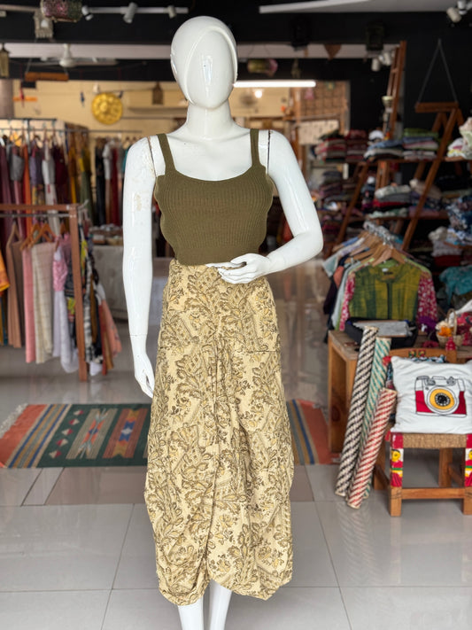 Olive green on beige Kalamkari hand block printed cotton designer skirt - with pockets