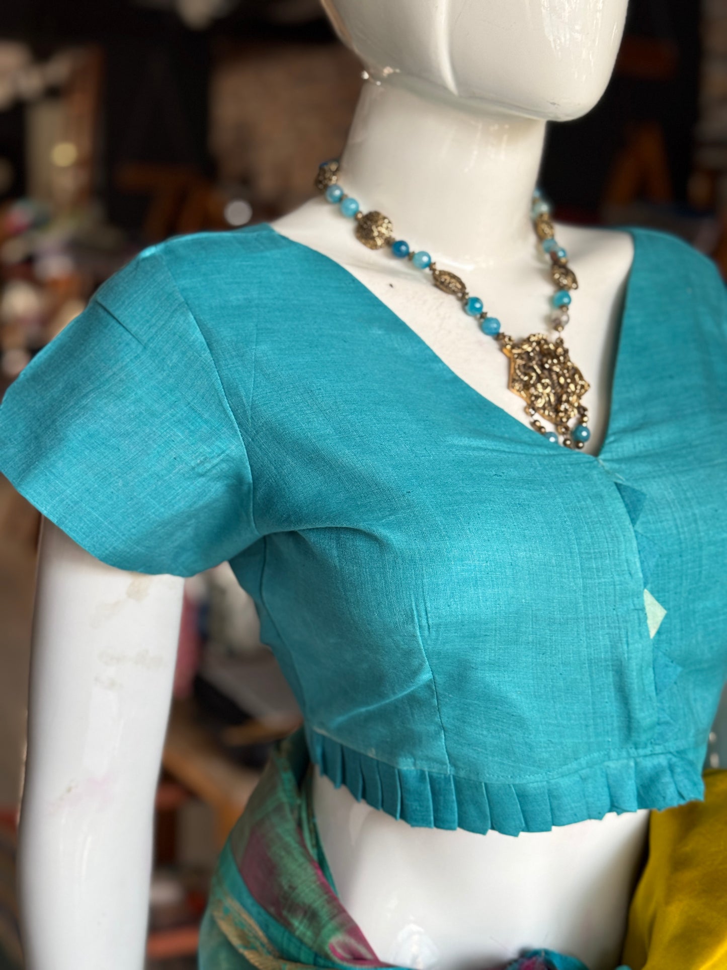 Teal blue tussar x matka silk back open blouse with short sleeves