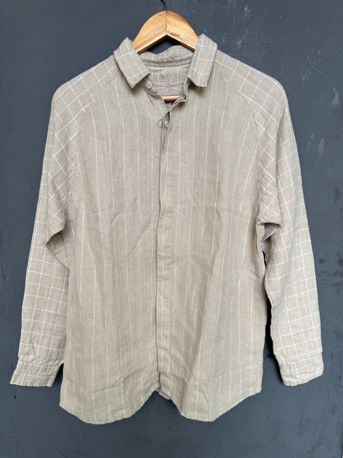 Beige stripes raglan sleeves handwoven full sleeves linen shirt for men