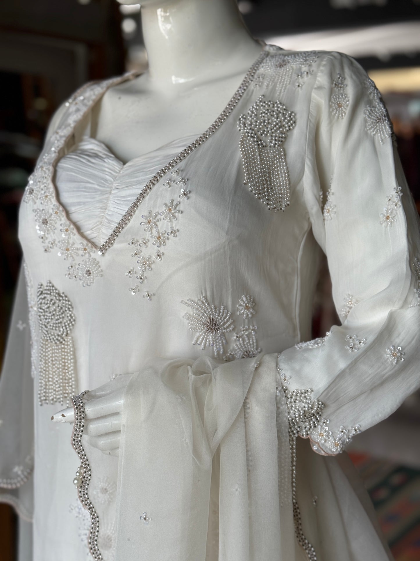Off white splendor - Soft organza hand embroidered long sleeves kurti, skirt, dupatta and crepe bustier - 4 piece set