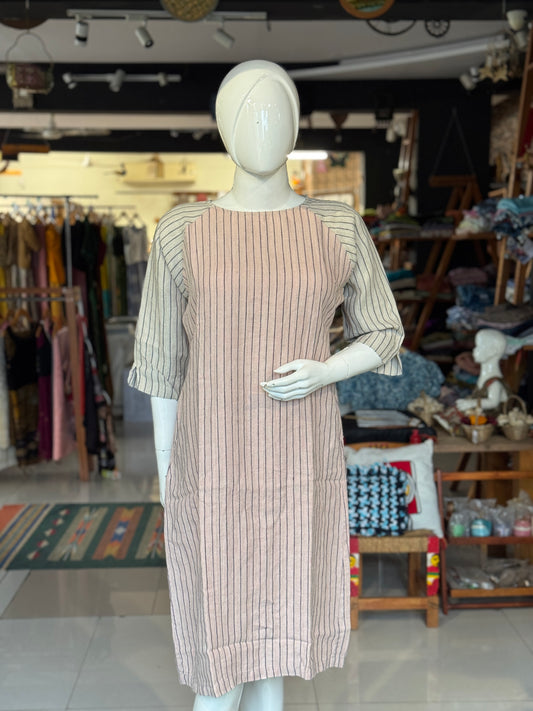 Pink n beige stripes linen hand woven dress with raglan sleeves