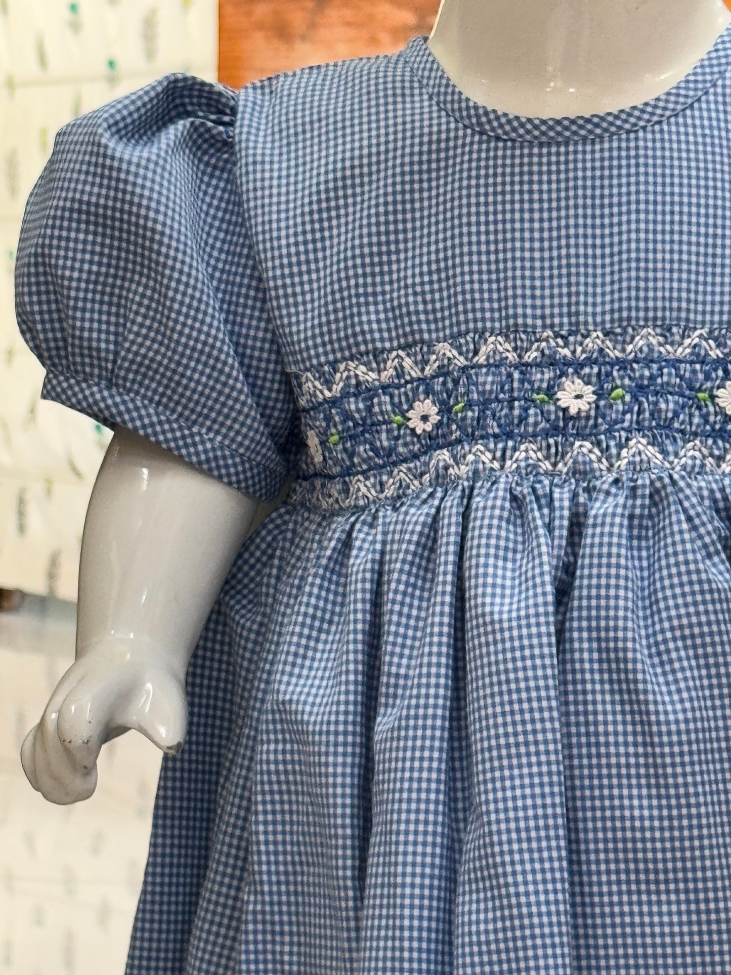 Blue checks smocking round neck cotton frock with hand embroidery