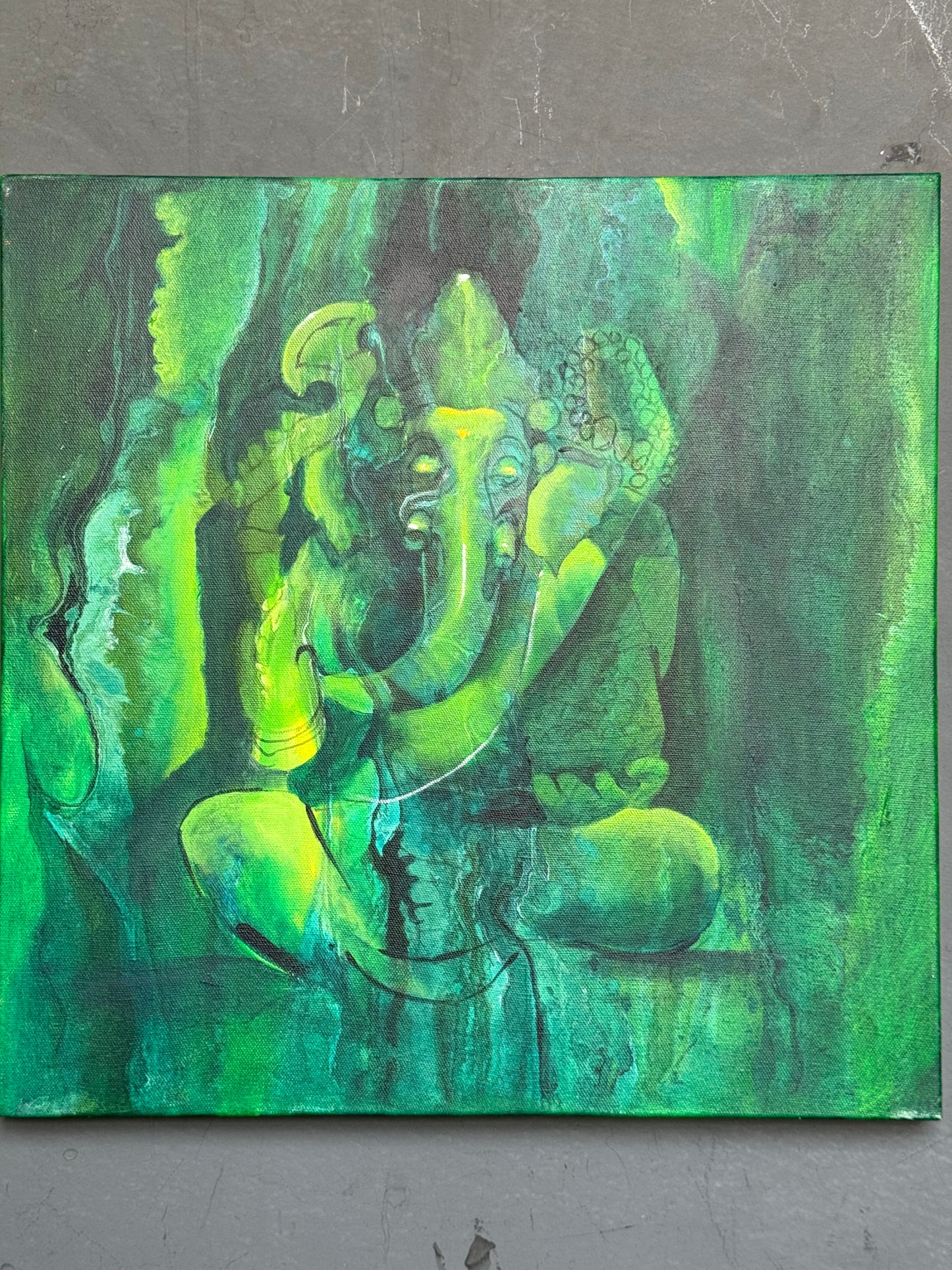Ganesha acrylic colors painting on stretched canvas 18 x 18 inches