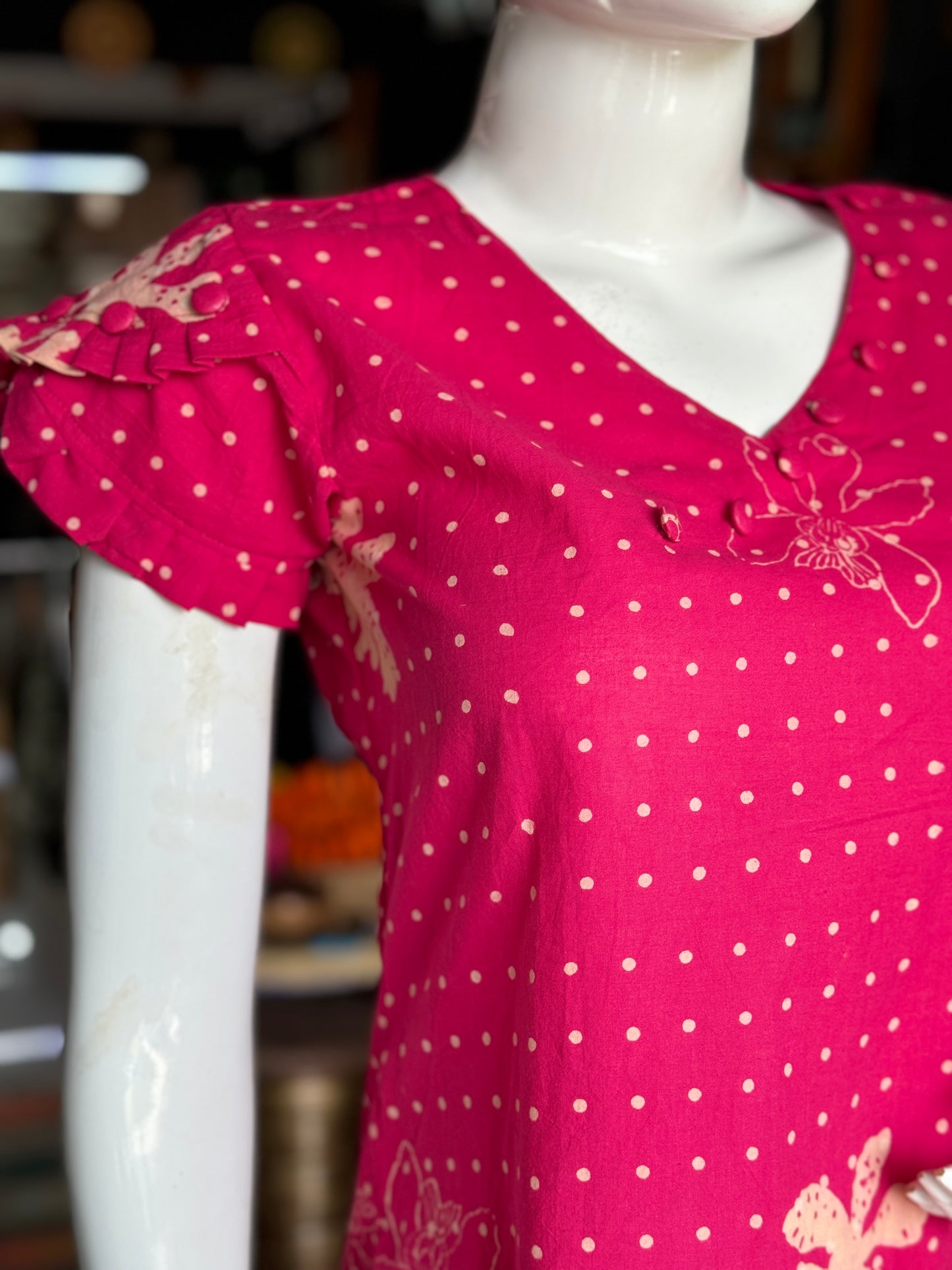 Bright pink polka dots hand block printed cotton top for women with buttons detailing
