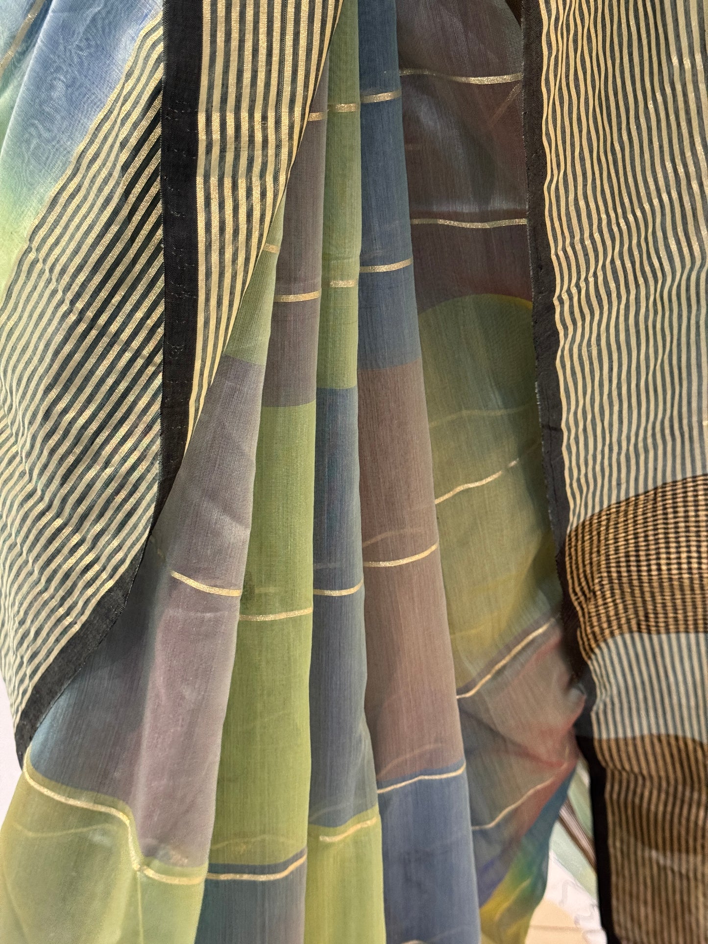 Multi color star buti stripes silk cotton Maheshwari handloom saree