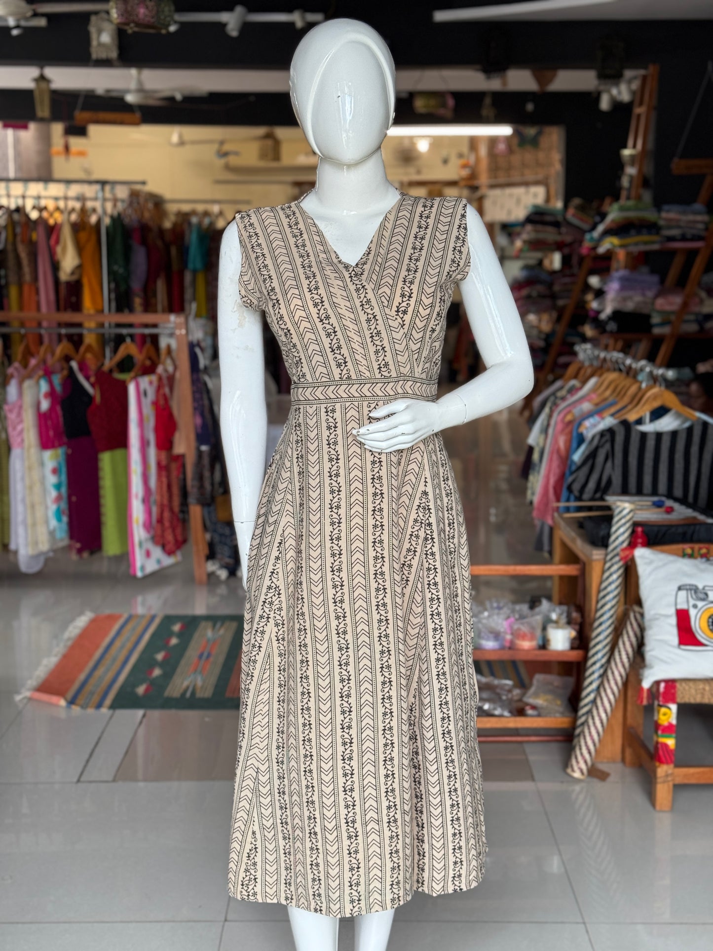 Stripes with chevrons and flowers dress - cotton, hand block printed