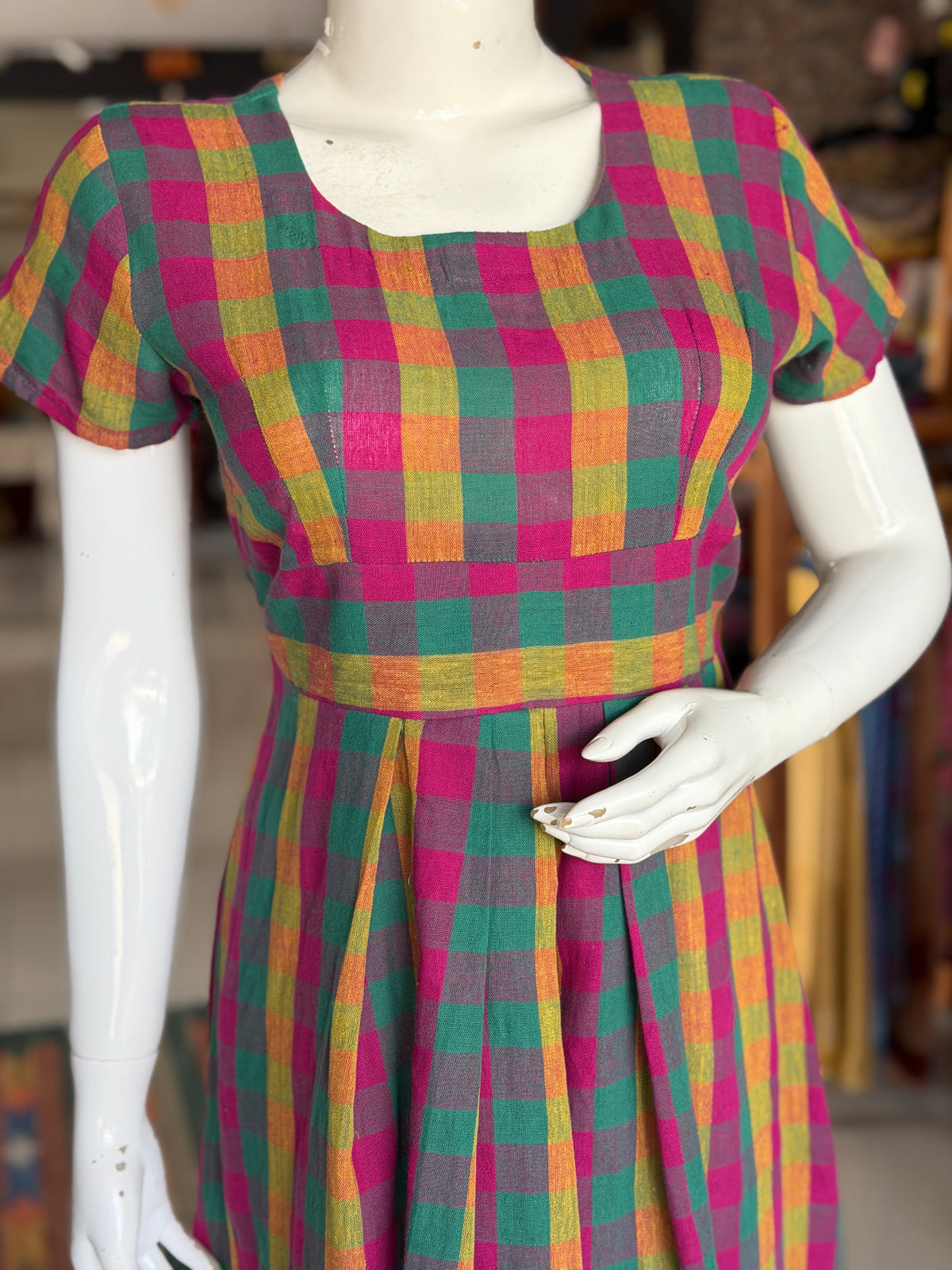 Colorful checkered handloom kala cotton pleated dress