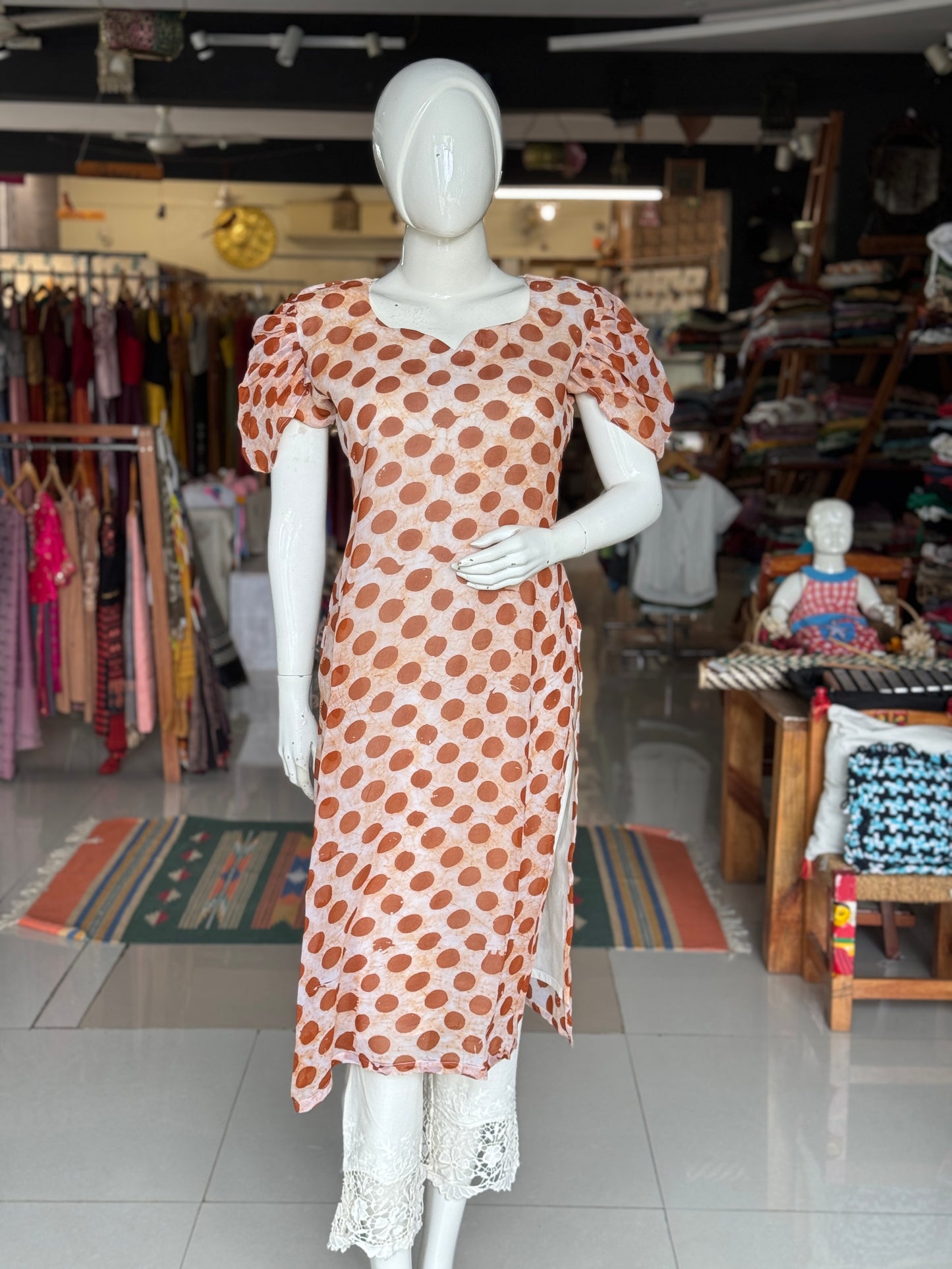 Georgette hand batik straight kurti with lining - brown dots