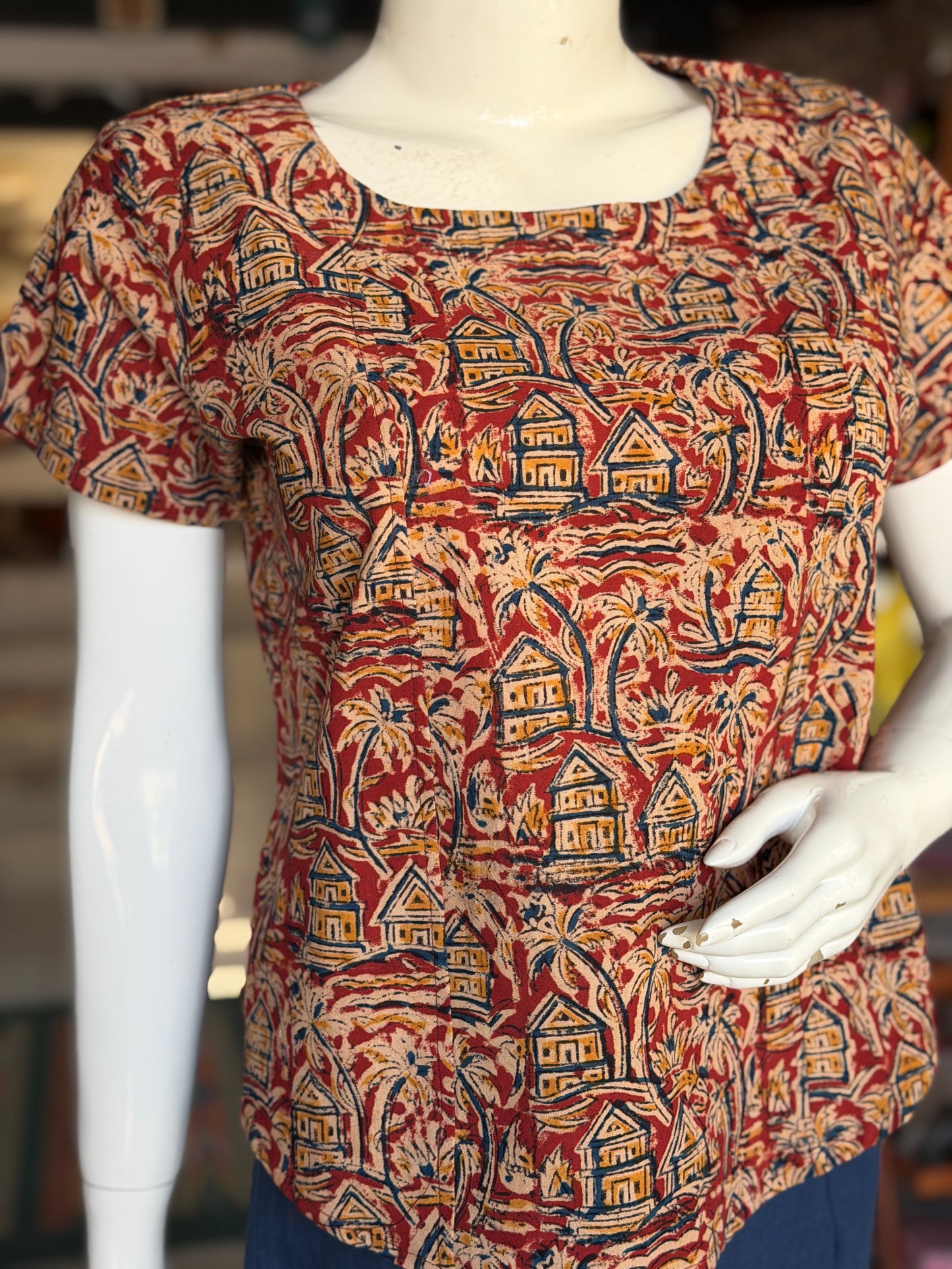 Maroon houses n trees handblock printed Kalamkari cotton top