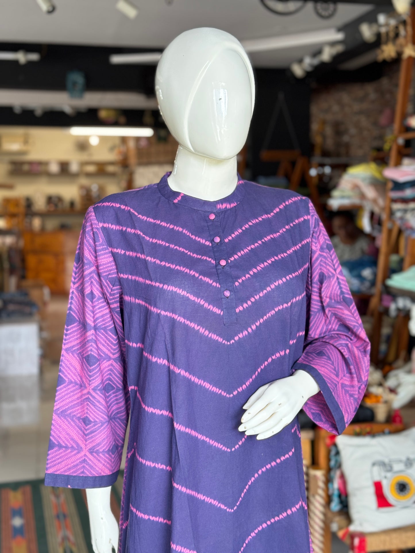 Violet n purple Shibori needle tie n dye band collared cotton dress