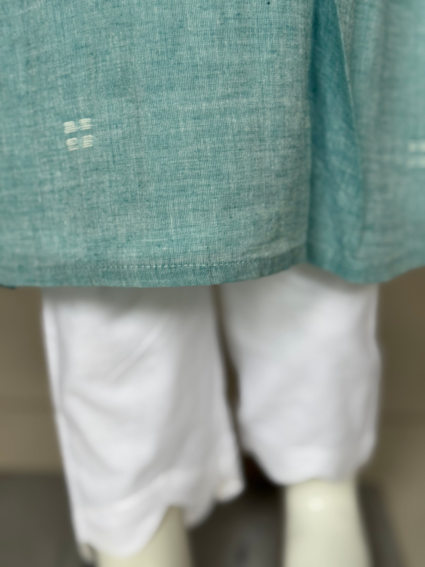 Light blue jamdani hand woven cotton top with white scallop pants - 2 piece set