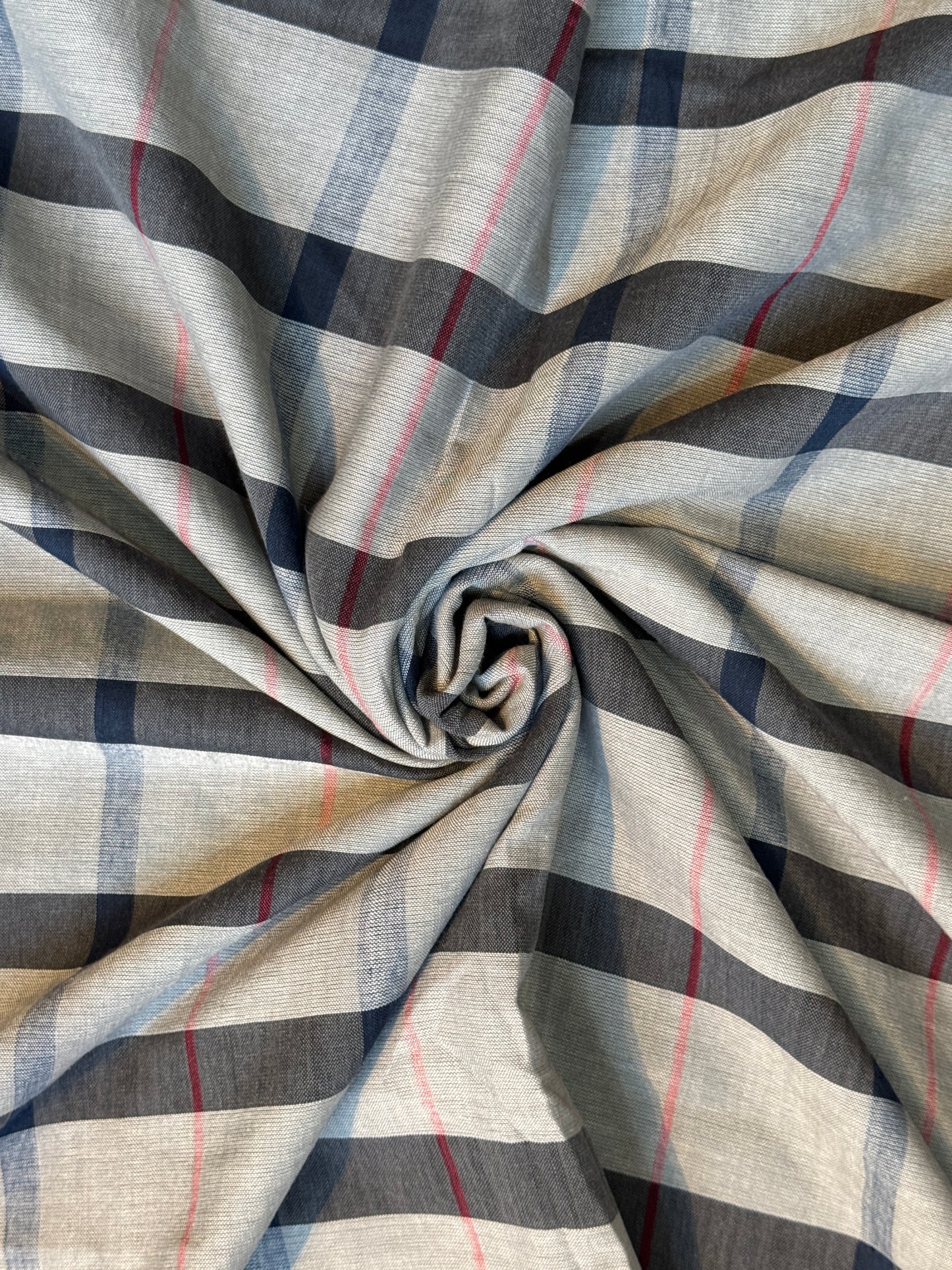 Grey black and red checks soft pure cotton handwoven fabric