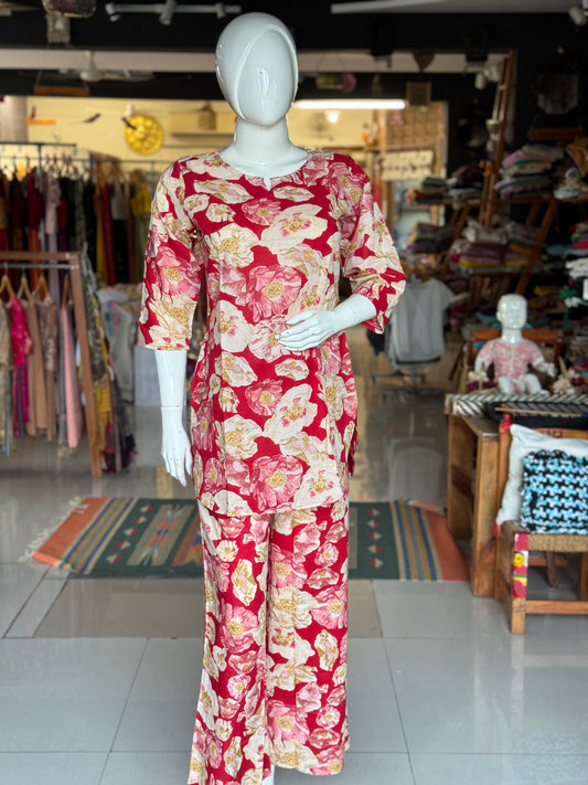Red big floral printed cotton 2 piece lounge wear / night dress set