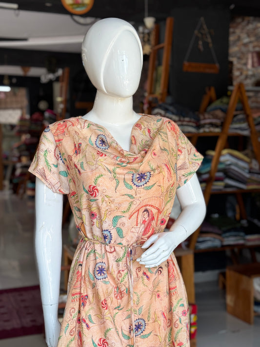 Cowl neck digital printed sandal tone relaxed fit dress