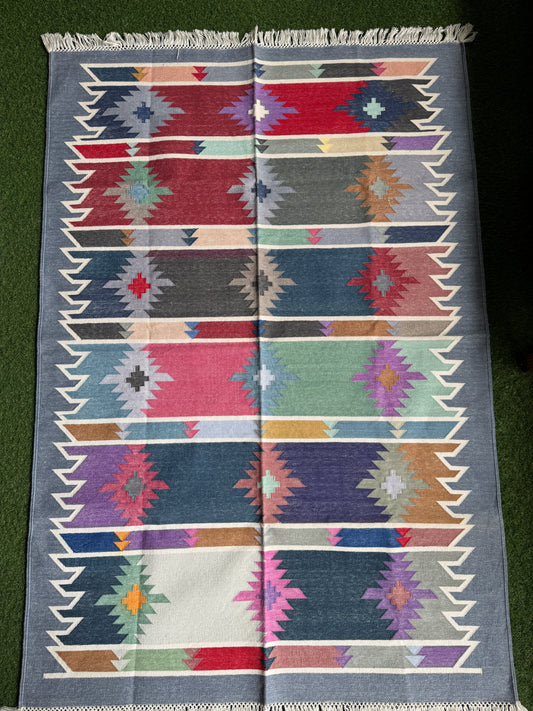 Multi coloured cotton handwoven panja weave carpet / durrie in firm weave -  4 x 6 ft - multiple designs available