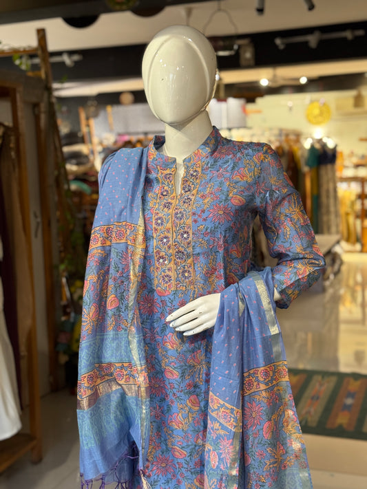 Sky blue hand block print chanderi hand embroidered straight collared kurti, pants and dupatta - 3 piece suit set