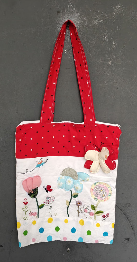 Fabric bag -  patchwork hand crafted tote with flowers and butterflies