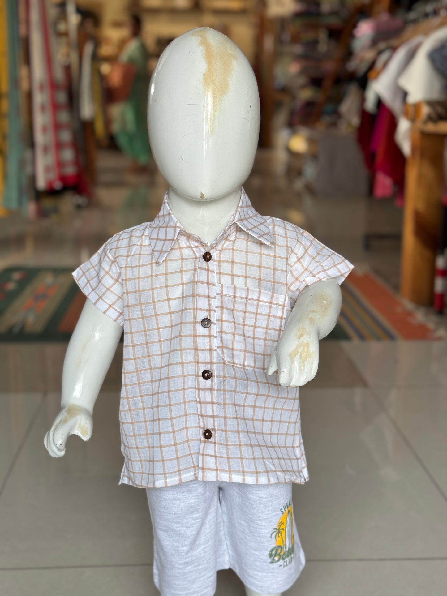 White n brown checks handloom cotton shirt for boys