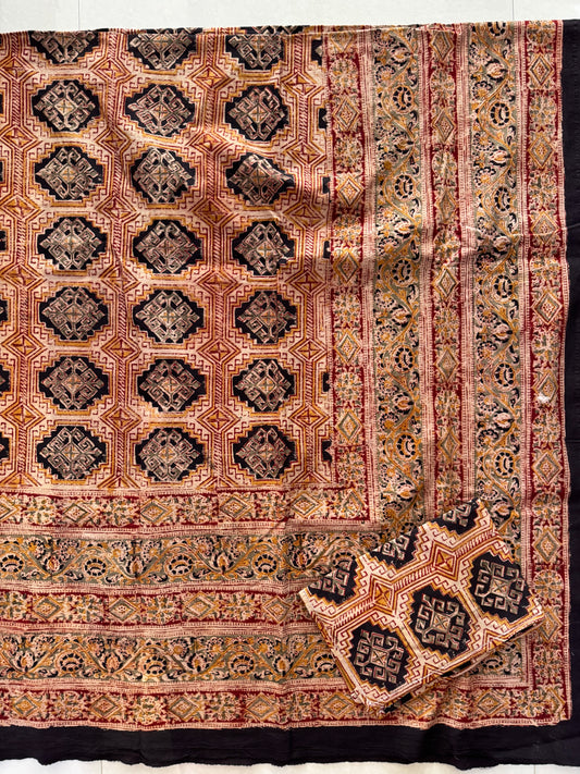 King size Kalamkari hand block printed cotton bedsheet with 2 pillow cases