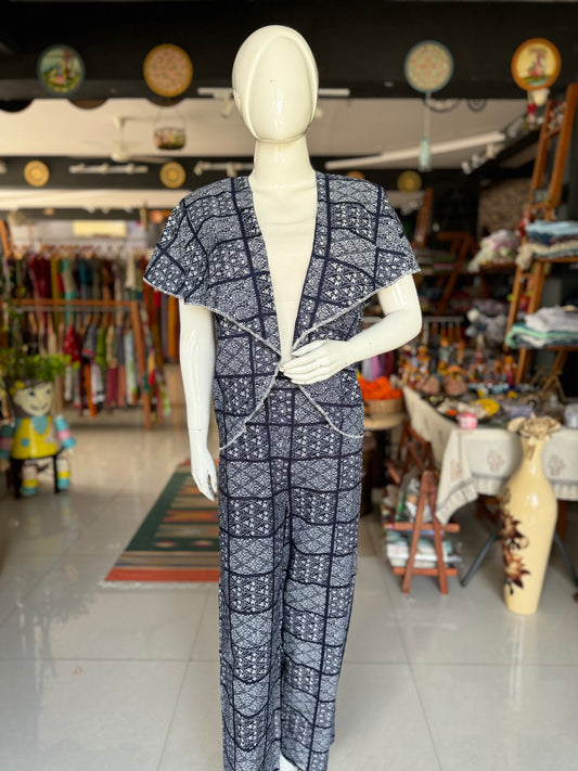 Blue fancy collared open cotton top and pants coord set