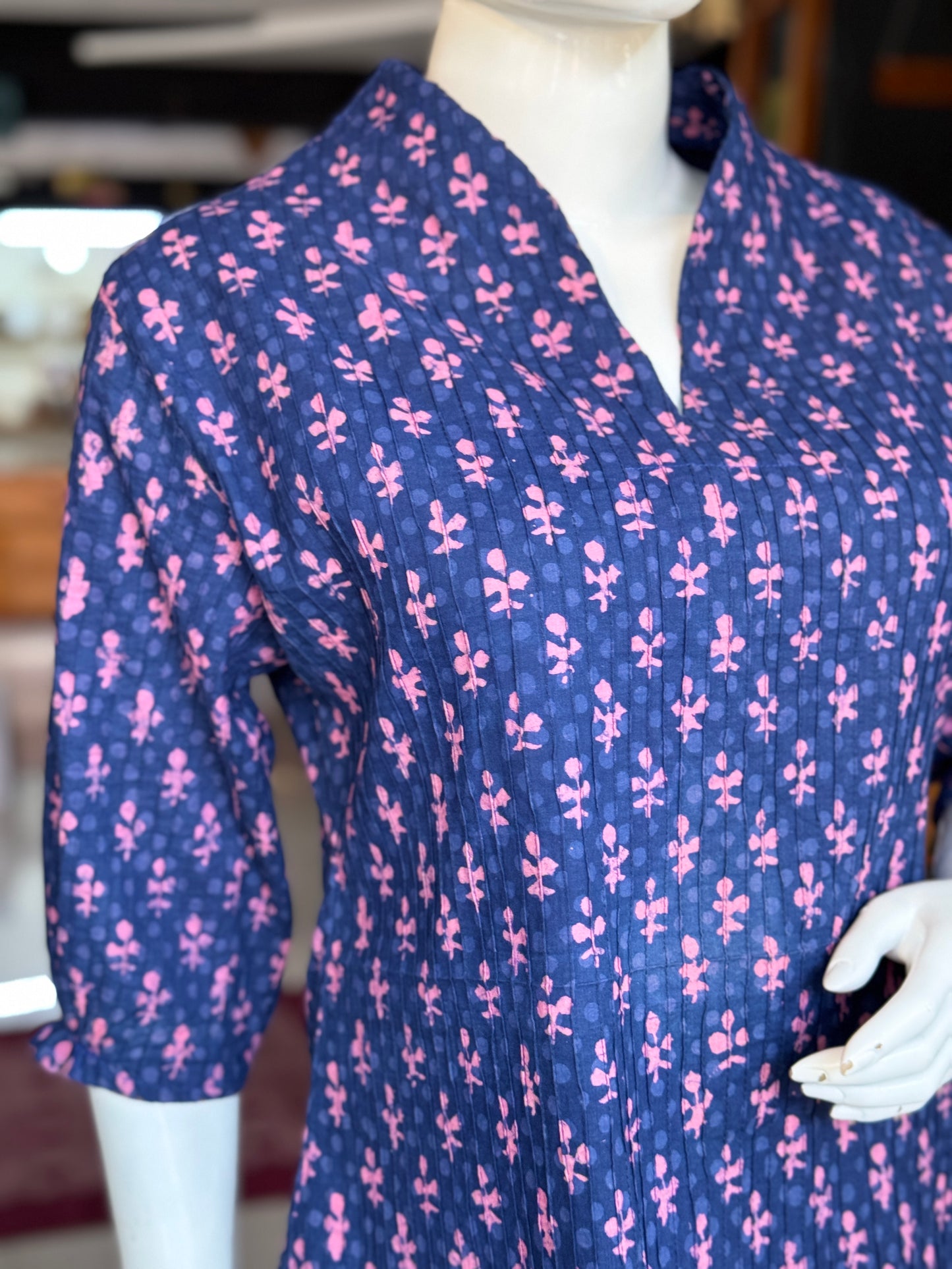 Violet with pink floral hand block prints pintucks cotton top with standing collar