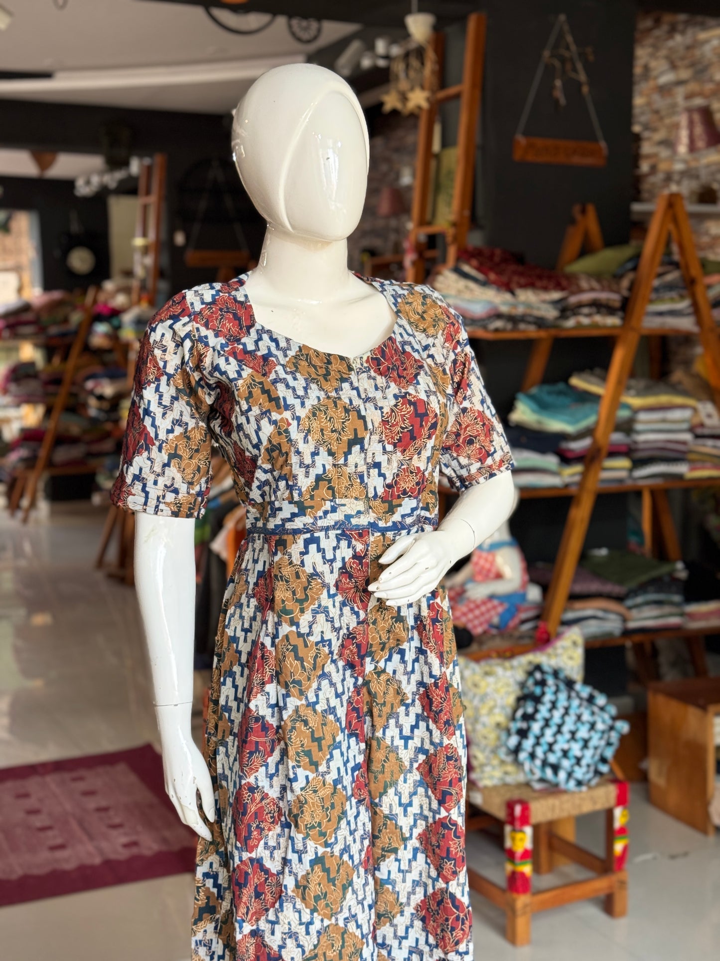 Indigo, maroon, brown and gold hand block printed cotton jumpsuit