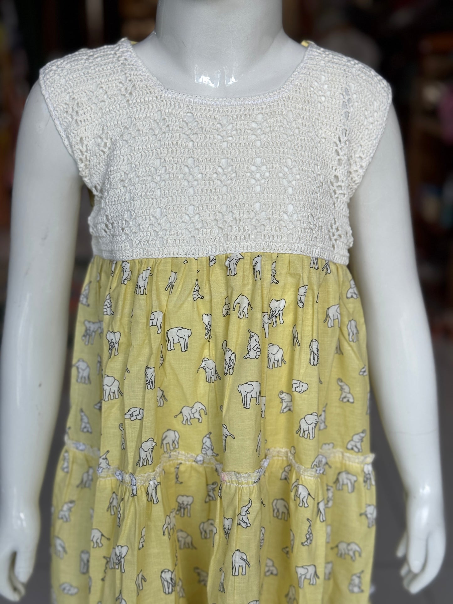 Tiered hand block printed cotton frock with crochet yoke for girls