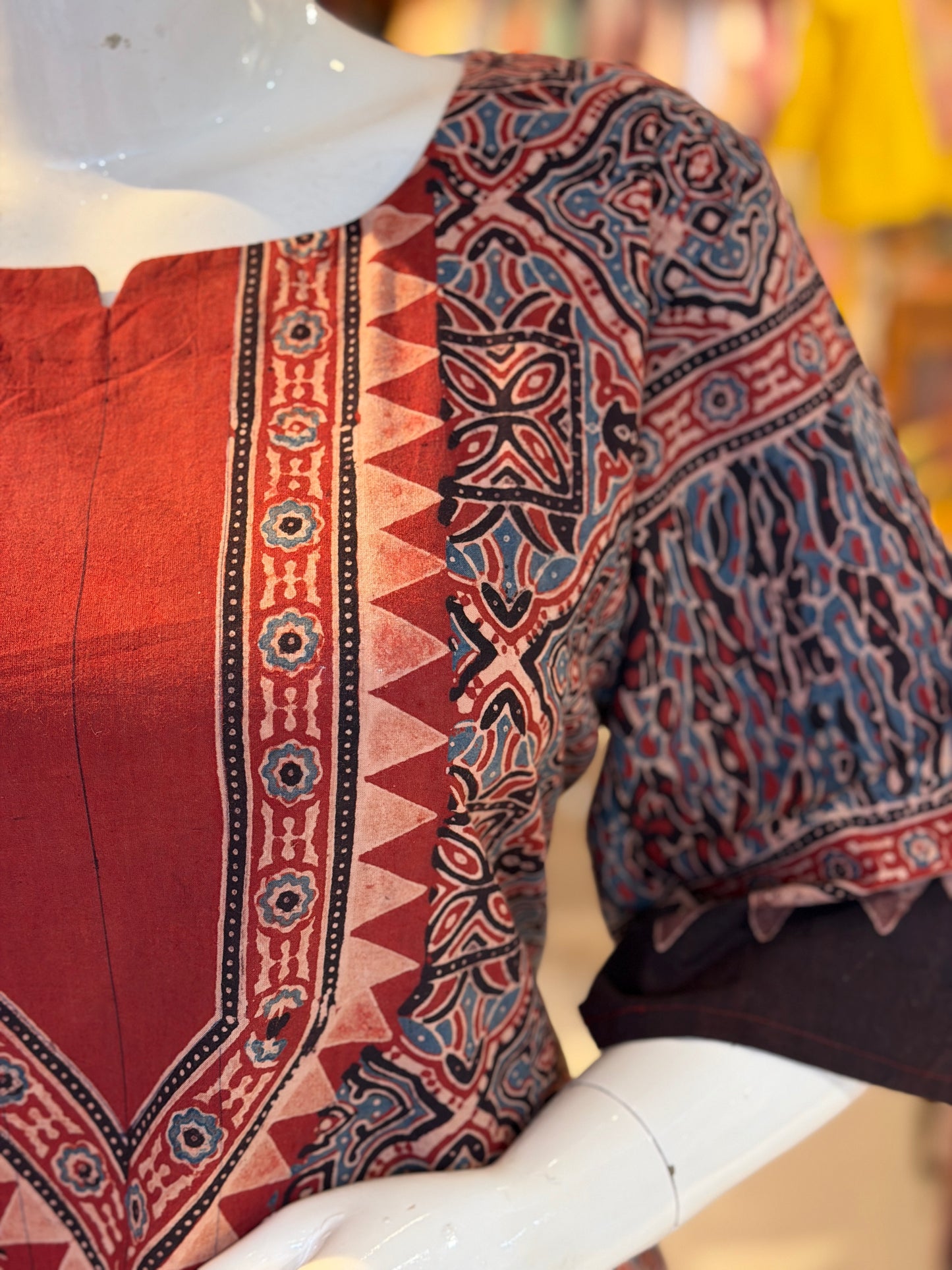 Maroon Ajrakh hand block printed cotton straight kurti with yoke design