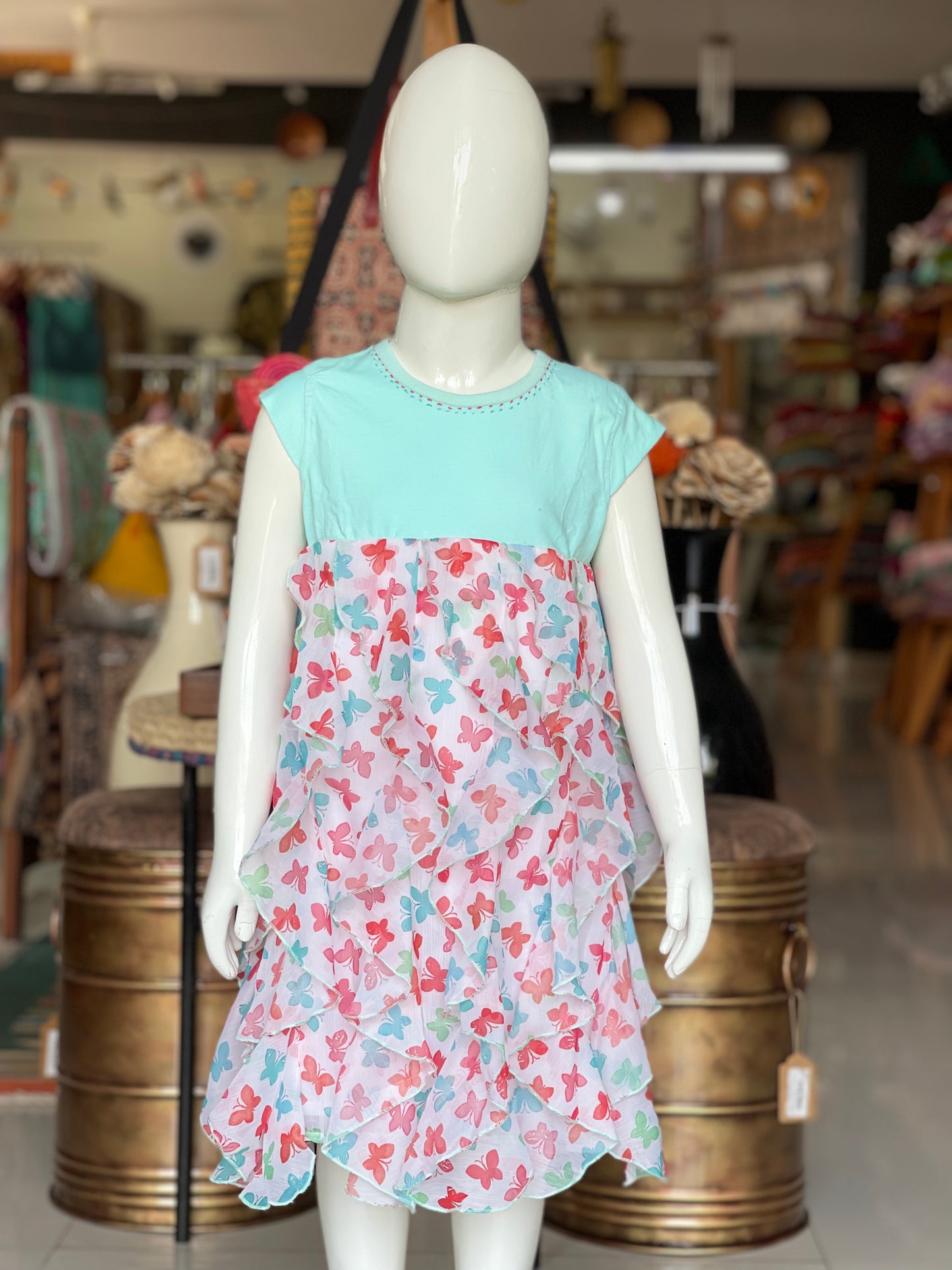 White and blue butterfly printed layered frock for little girls