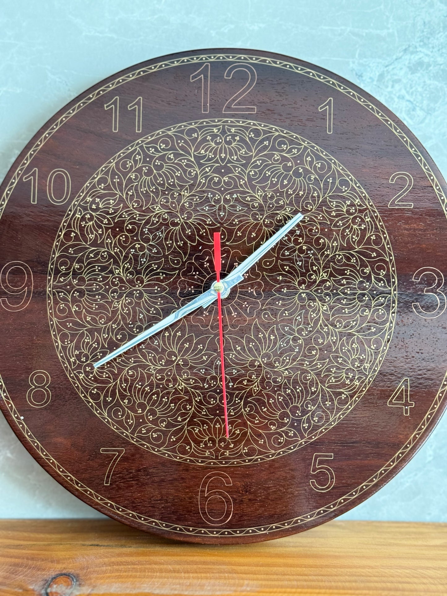 Brass inlay wooden wall clock - 12 inches size with heavy floral design - traditional Tarkashi handicraft