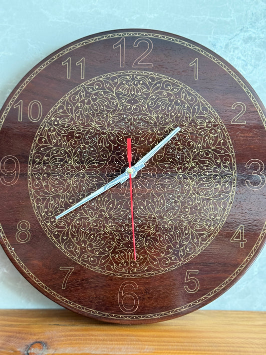 Brass inlay wooden wall clock - 12 inches size with heavy floral design - traditional Tarkashi handicraft