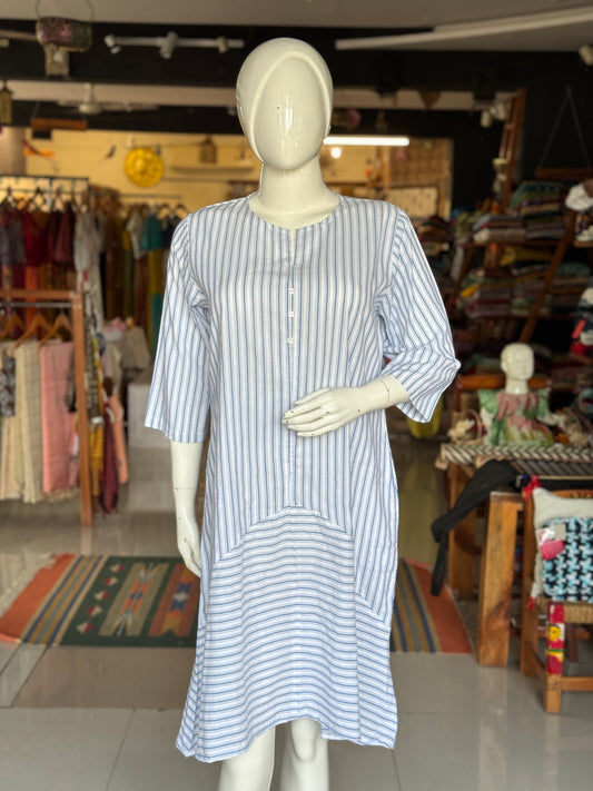 White n blue stripes dress with horizontal and vertical stripes