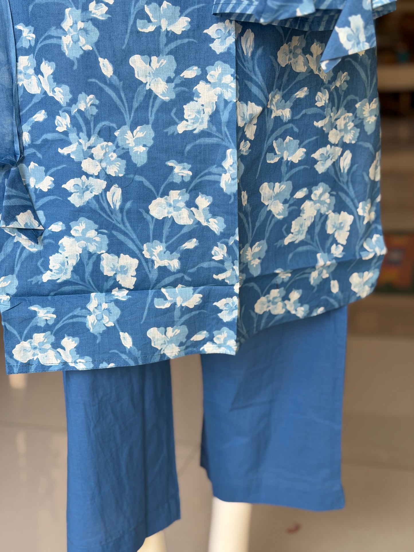 Blue floral plus size cotton embroidered straight kurti, pants and dupatta - 3 piece suit set - multiple sizes available
