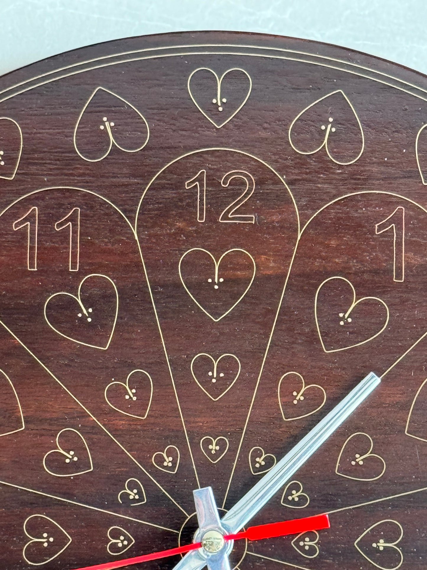 Brass inlay wooden wall clock - 12 inches size with hearts design - traditional Tarkashi handicraft