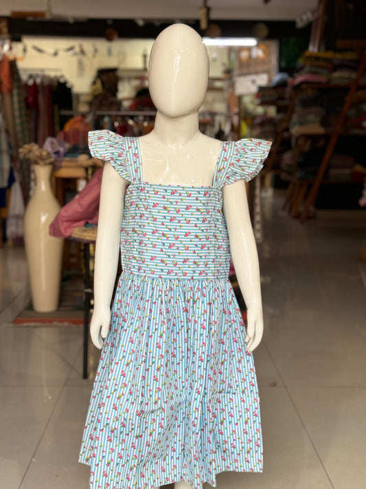 Light blue flowers and stripes print cotton frock with butterfly sleeves