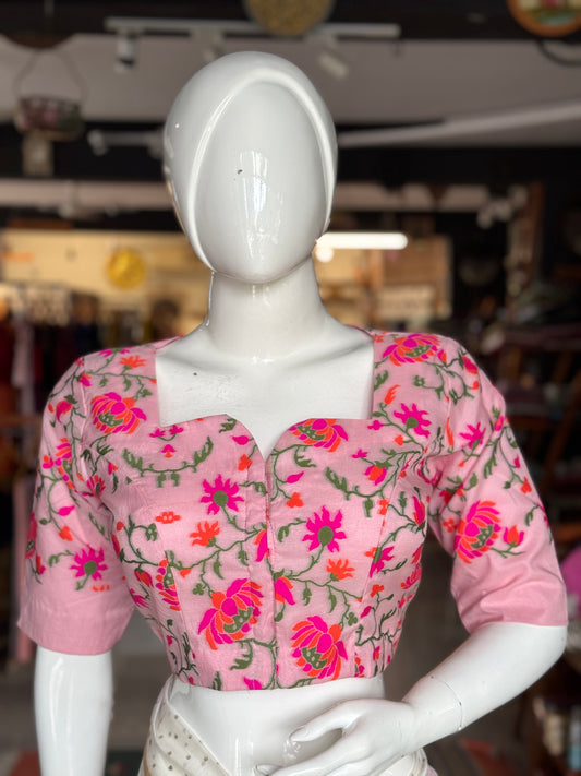 Pink Banarasi floral cotton blouse - front open, with lining