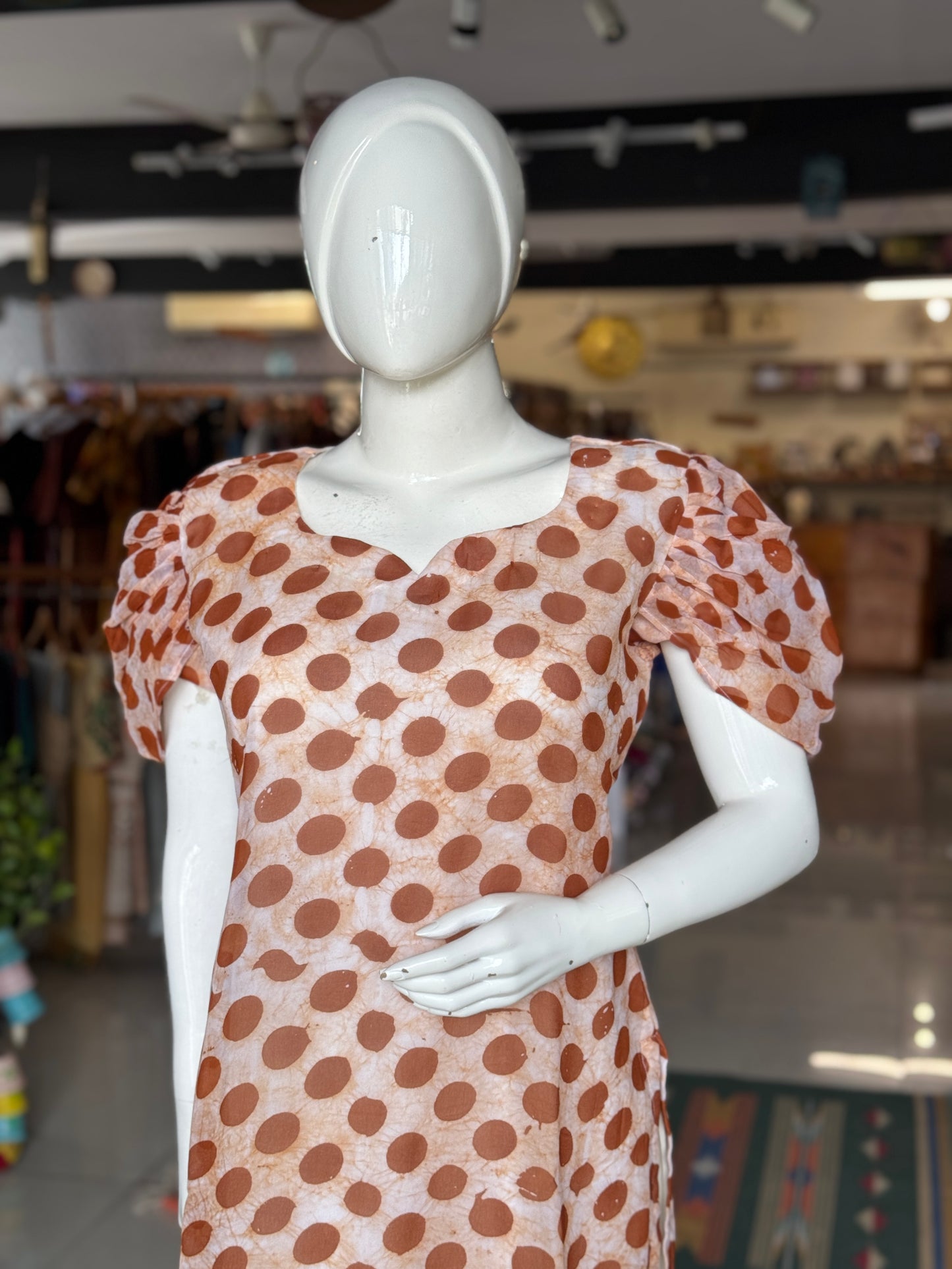 Georgette hand batik straight kurti with lining - brown dots