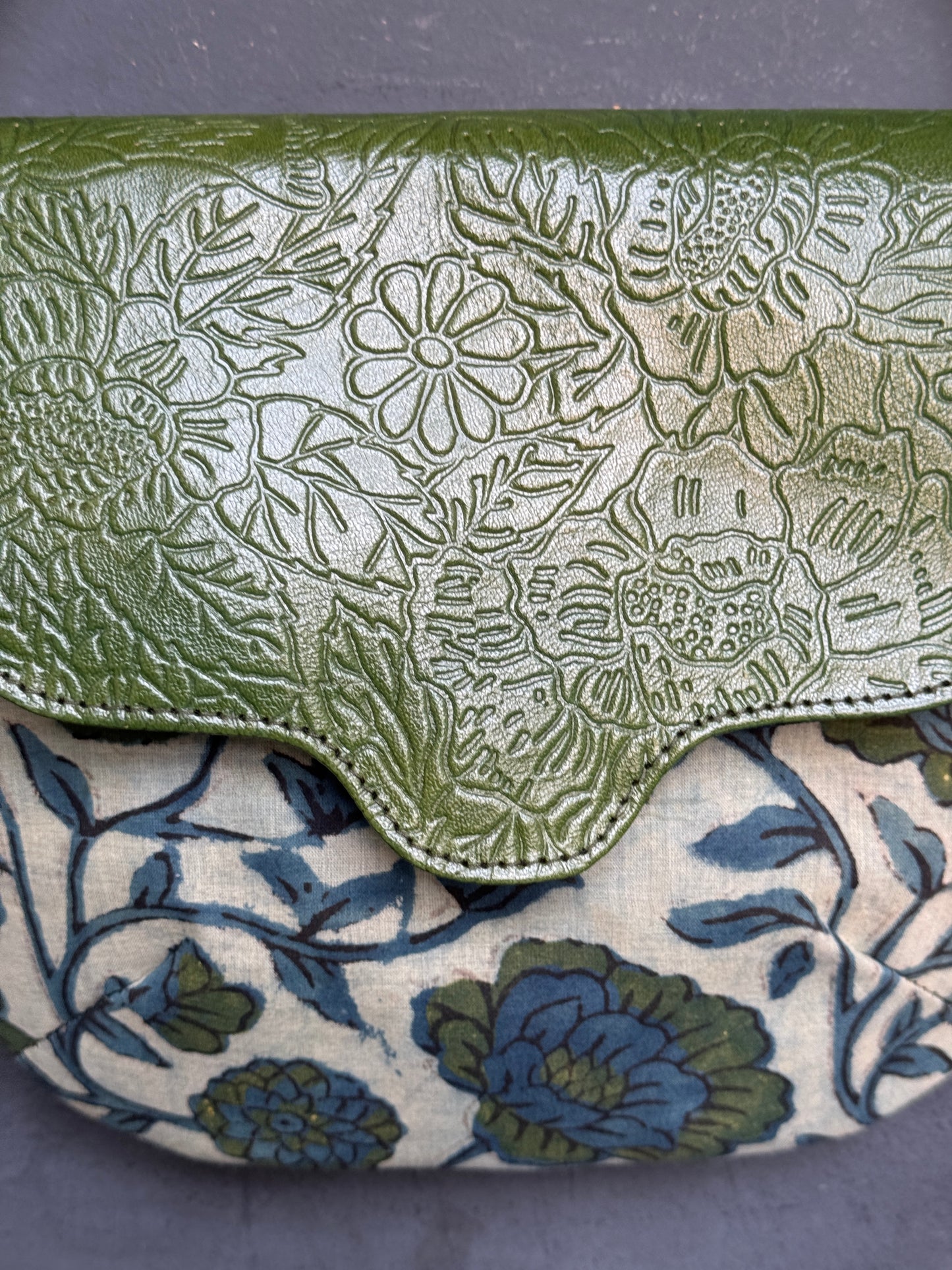 Hand crafted adjustable length sling bag - block printed fabric and embossed leather - multiple designs