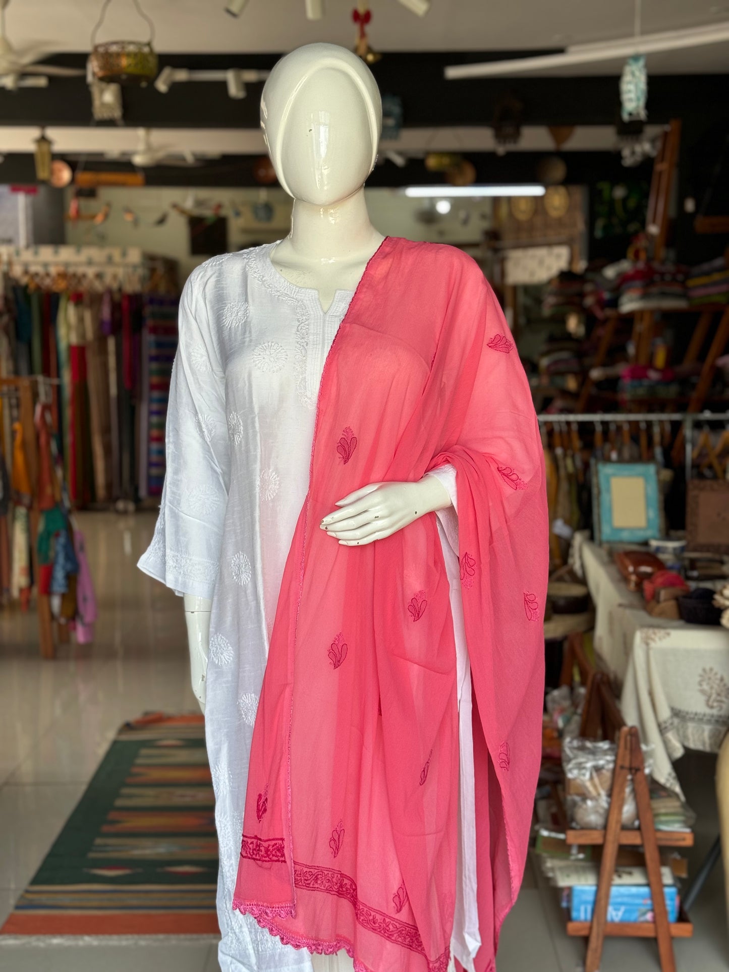 Chikankari hand embroidered semi chiffon dupatta