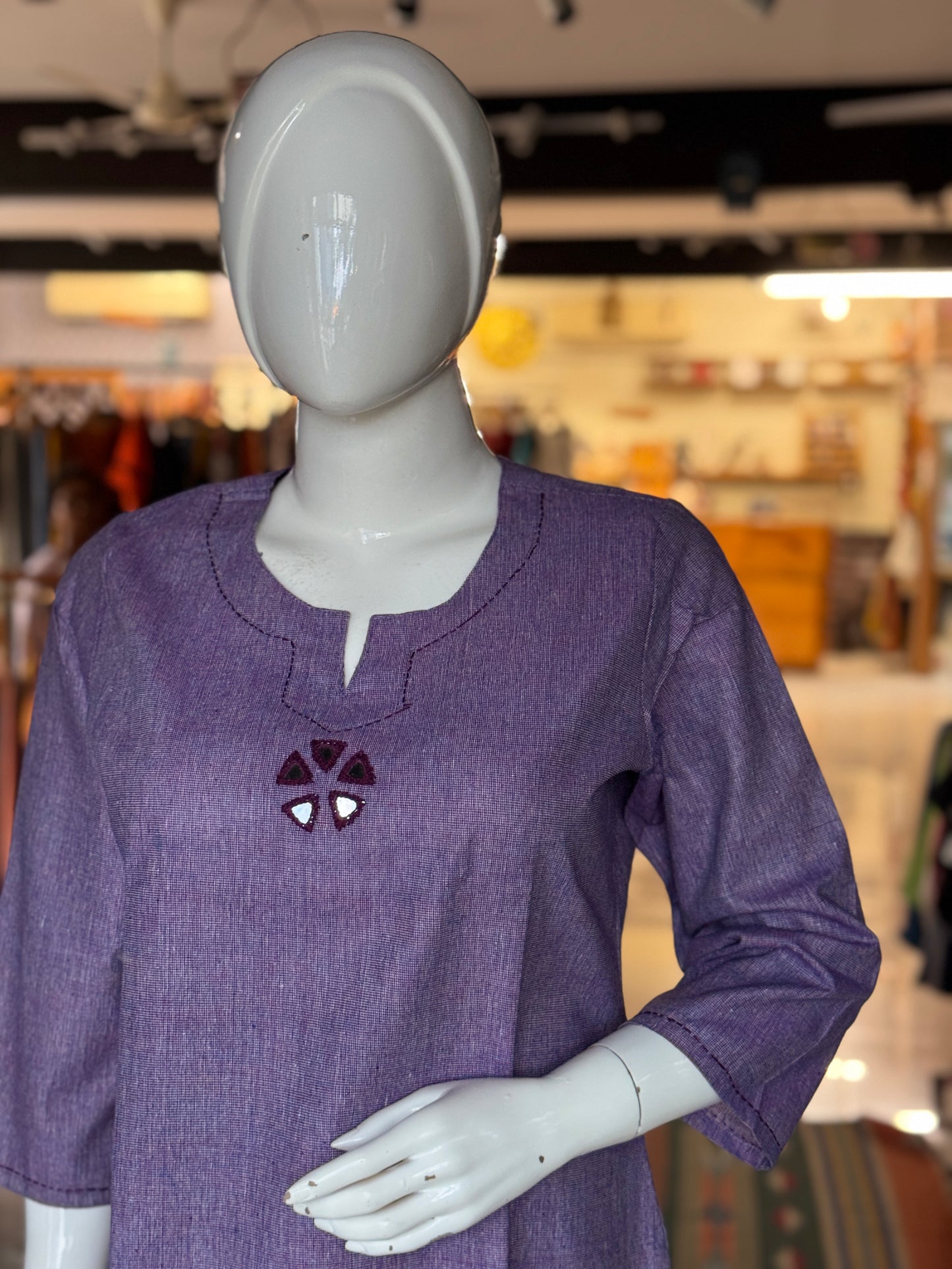 Freedom fabric kurti - Hand spun hand woven cotton kurti with mirror hand embroidery